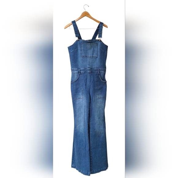 RACHAEL Rachael Roy Women's Blue Denim Side Zip Bell Bottom Overalls Size XL - Picture 2 of 6